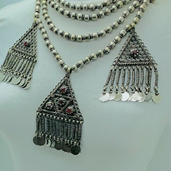 Beaded Layered Necklace, Silver Gypsy Vintage Necklace With Three Dangling - Picture 8 of 14